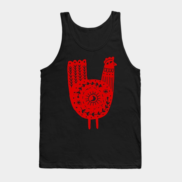 Folk Art Chicken in Red Tank Top by Pixelchicken